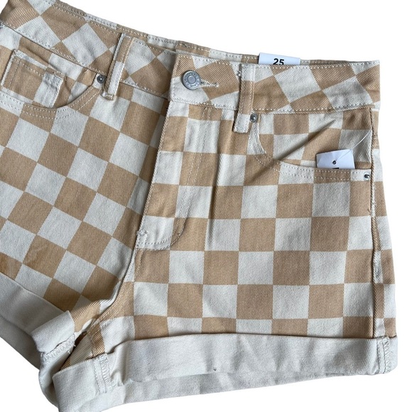 PacSun Women’s Checkerboard Mom Shorts Size 25 Tan Checker Denim High Waist - Picture 6 of 11
